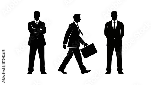 Three black silhouettes of businessmen in suits, one walking with a briefcase, one with arms crossed, and one standing straight.