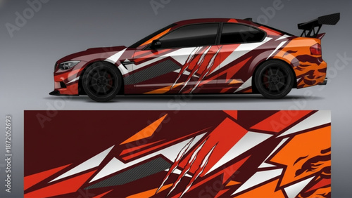 Dynamic sports car with a custom abstract geometric and claw mark graphic vinyl wrap design in red, orange, and white colors.