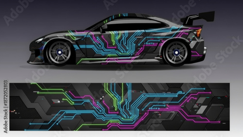 Sports car with futuristic circuit board graphic wrap design, showcasing vibrant neon lines on a dark textured background, ideal for vehicle customization.