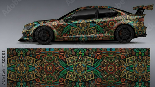 Custom car wrap design featuring intricate Aztec calendar and tribal patterns.
