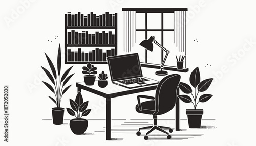 Modern home office with laptop and plants on desk