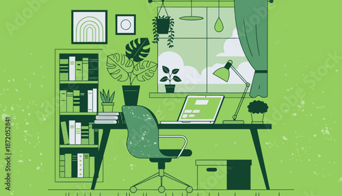 Cozy home office with green decor and modern furniture setup