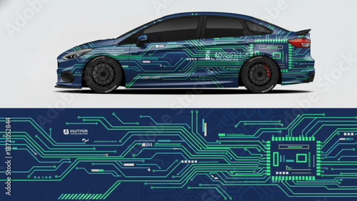 A blue sedan car with a green circuit board design wrap, showcasing digital technology.