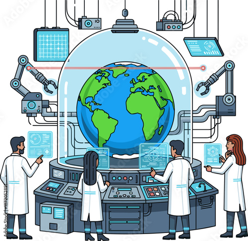 Create a Planet Earth in a high tech laboratory being examined by scientists vector art with white background..