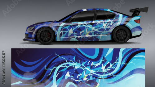 Blue sports car with a dynamic lightning bolt and abstract geometric decal wrap design, showcasing speed and energy.