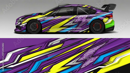 Dynamic racing car wrap design with abstract geometric patterns in vibrant purple, yellow, and blue colors.