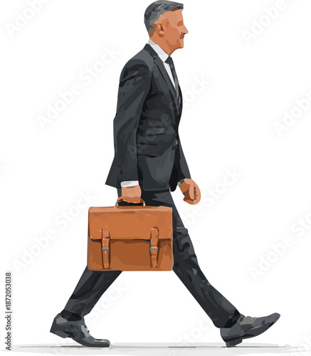 Create a realistic businessman with a briefcase walking vector art with white background.