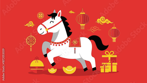 Illustration of a white horse with red and gold decorations surrounded by lanterns and gifts on a red background celebrating kuda chine's day.