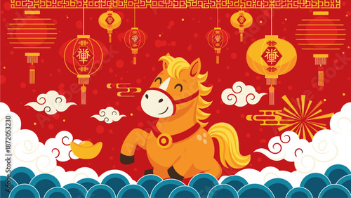 Vibrant illustration of a horse, symbolizing kuda chine's day, surrounded by lanterns and clouds in a festive, red and gold color scheme with a joyful mood.