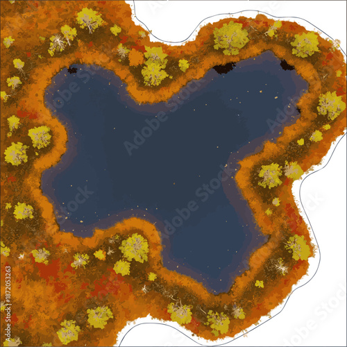 Create a realistic Aerial top view of a bog lake in autumn vector art with white background.