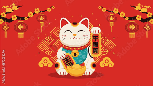 A cartoon Maneki-Neko cat sitting with a gold coin and a sign on a red background with Chinese New Year decorations, conveying a festive and prosperous mood with a flat design style.