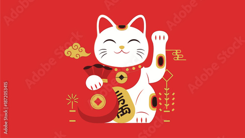 A cheerful Maneki-Neko figurine with a red collar and gold accents against a vibrant red background, conveying a lucky and prosperous mood with Japanese characters, in a colorful flat lay
