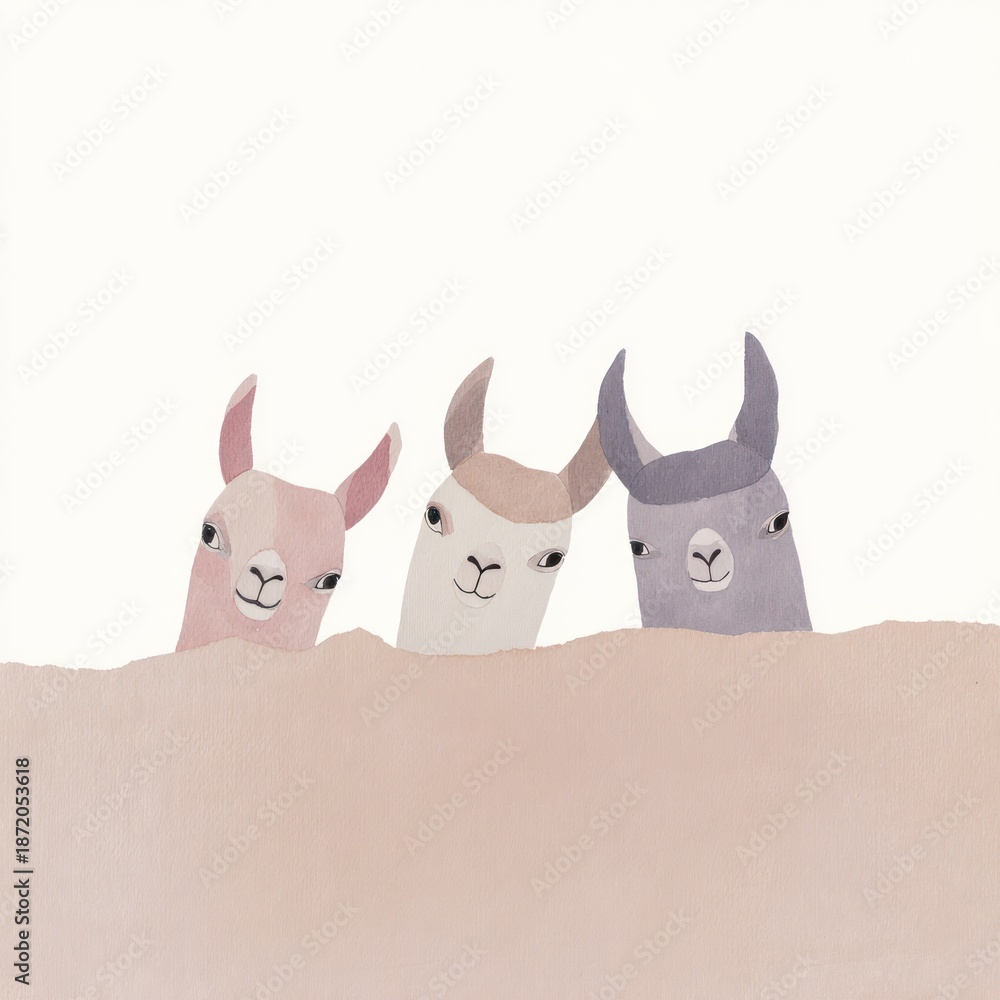 Obraz premium Three smiling llamas peeking over a sandy surface illustration