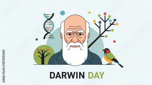 Illustration of charles darwin with dna double helix and birds celebrating darwin day with evolution and biology and science and natural selection