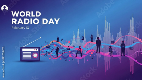 World radio day february 13 illustration with people listening to music on radio with sound waves and equalizer with graphic design and communication