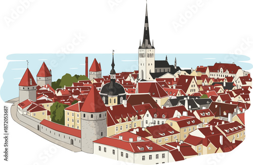 Create a realistic Aerial view of a medieval town with red roofs by the sea. Old Town of Tallinn located in Estonia Europe vector art with white background..