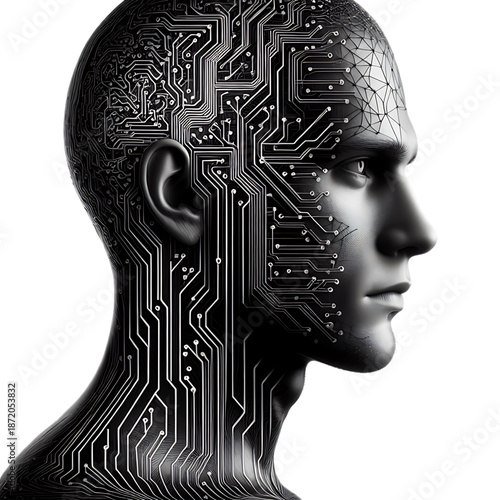 Digital Brain: A grayscale depiction showcases a human profile intertwined with intricate circuit board patterns, symbolizing the fusion of technology and the human intellect.