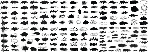 A dynamic collection of diverse black and white graphic elements showcasing clouds, bursts, and textures.