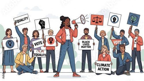 Diverse group of people protesting for social justice and equality holding signs and megaphone in a vector illustration with activism and diversity