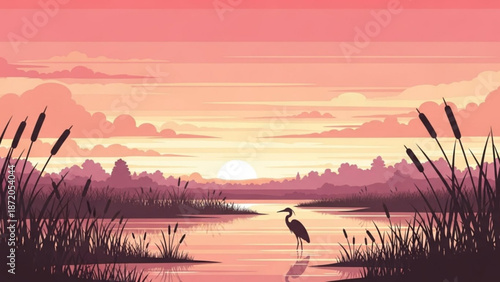 A serene heron stands in a tranquil lake surrounded by cattails at sunset with a pink and orange sky with nature and wildlife and wetlands and landscape