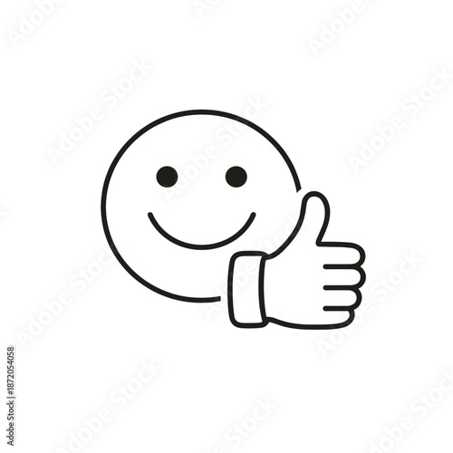 Smiling emoji with thumbs up gesture in minimalistic outline style  