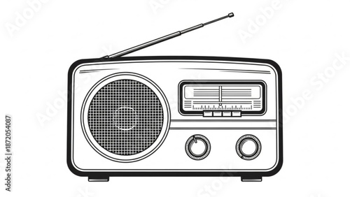 Vintage retro style radio receiver illustration with antenna and tuning knobs on white background with vintage radio and black and white and classic design