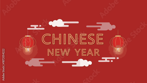 A vibrant digital illustration celebrating Kuda Chine's Day with Chinese New Year text and traditional lanterns on a red background with gold accents and white clouds.