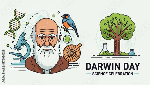 Darwin day science celebration illustration featuring charles darwin portrait with microscope dna helix bird and fossil with scientific illustration