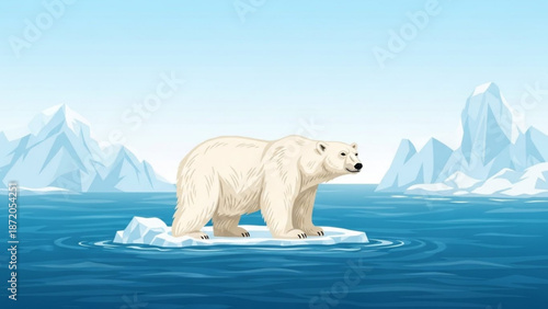 Polar bear standing on melting iceberg in arctic sea with icebergs and mountains with climate change and global warming and environment and wildlife