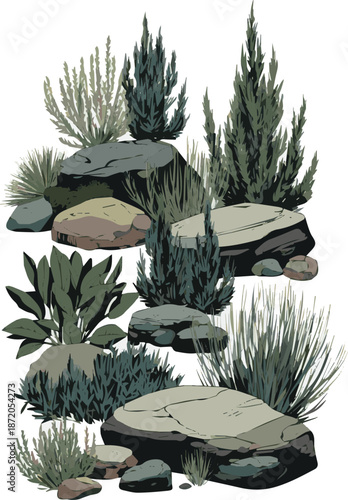 Create a realistic Rockery with different plants and ornamental grass and rocks vector art with white background.