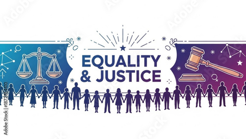 Diverse group of people holding hands together with equality and justice concept scales and gavel illustration with diversity and unity and social justice