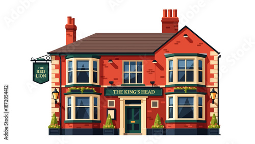 Charming Red Brick Pub With Bay Windows and Signage Reading The King's Head