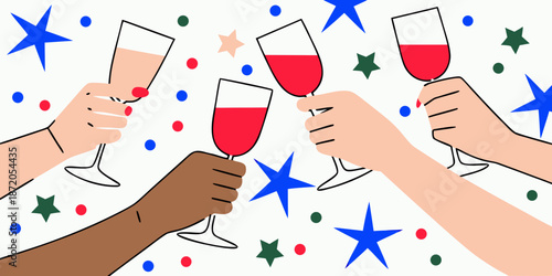 Celebrating with friends hands raising wine glasses in a joyful toast