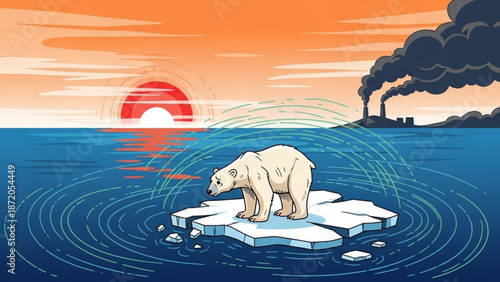 Polar bear standing on melting iceberg with industrial pollution in the background at sunset with climate change and global warming and environmental issue