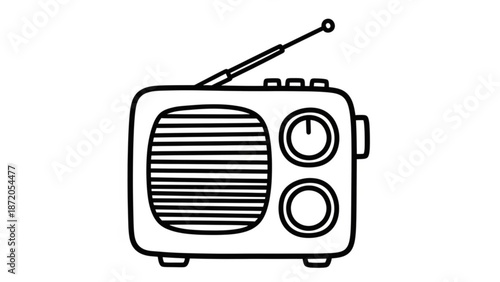 A black and white line drawing of a vintage radio with an antenna on top and dials on the front with classic radio and electronics and entertainment