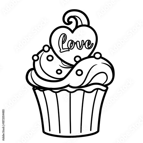 Cupcake decorated with cream and a large heart with the inscription Love linear drawing isolated on a white background