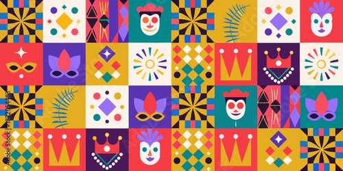 A vibrant and colorful geometric pattern with stylized faces and shapes