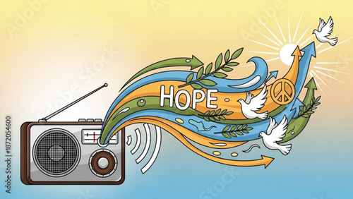 Vibrant hopeful scene with radio and peace symbols representing harmony and positivity with inspiration and motivation and joy and happiness