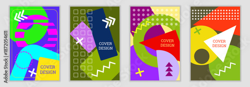 A bright, unusual Memphis-style background. A set of 4 geometric cover designs. Trendy, vibrant covers, banners, posters, and booklets. 