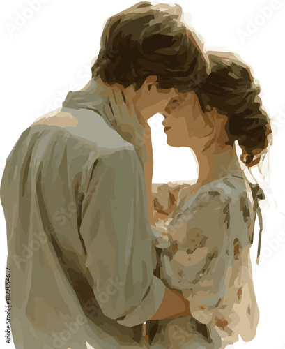 Create a realistic sexy romance young couple in love vector art with white background.