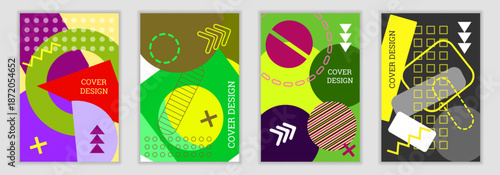 A bright, unusual Memphis-style background. A set of 4 geometric cover designs. Trendy, vibrant covers, banners, posters, and booklets. 