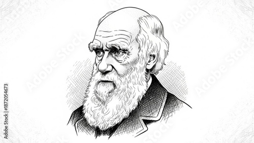 Vintage black and white illustration of a bearded man with a serious expression wearing a suit and coat with vintage illustration and historical figure