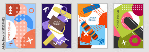 A bright, unusual Memphis-style background. A set of 4 geometric cover designs. Trendy, vibrant covers, banners, posters, and booklets. Vibrant colors. Vector 