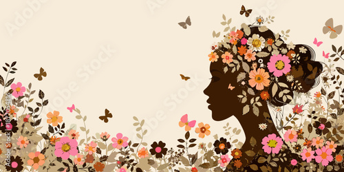 A serene woman s profile adorned with a beautiful floral crown and butterflies