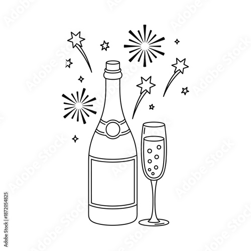 Champagne bottle and glass with fireworks celebration, vector illustration