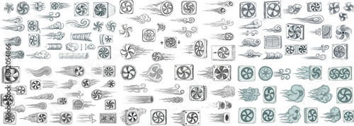 Collection of various fan and airflow illustrations in gray tones, showcasing dynamic movement and design.