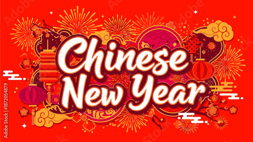 Vibrant digital illustration of Kuda Chine's Day with Chinese New Year text and festive decorations on a red background with golden and orange accents.