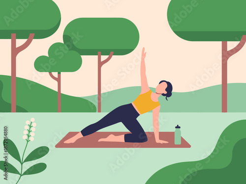 A woman elegantly performing a yoga pose on a mat in a serene outdoor landscape, showcasing tranquility, health, and the balance of body and mind in nature's beauty.