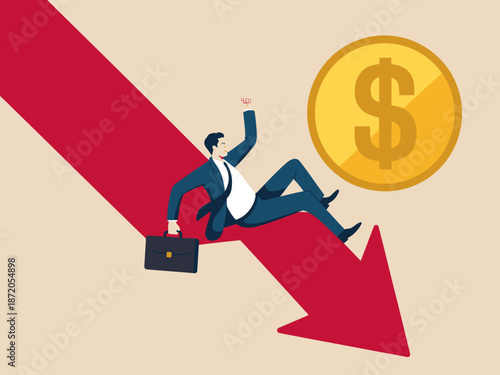A businessman sliding downwards amidst a dramatic red arrow and a large dollar sign, symbolizing economic challenges and declining financial success in a professional context.