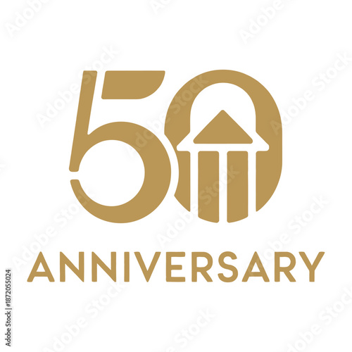 Golden fifty years anniversary logo with column icon, vector illustration